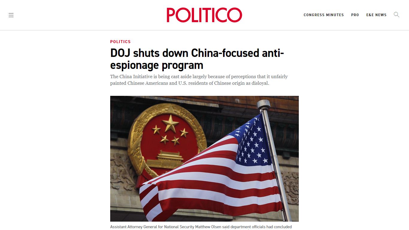 DOJ shuts down China-focused anti-espionage program