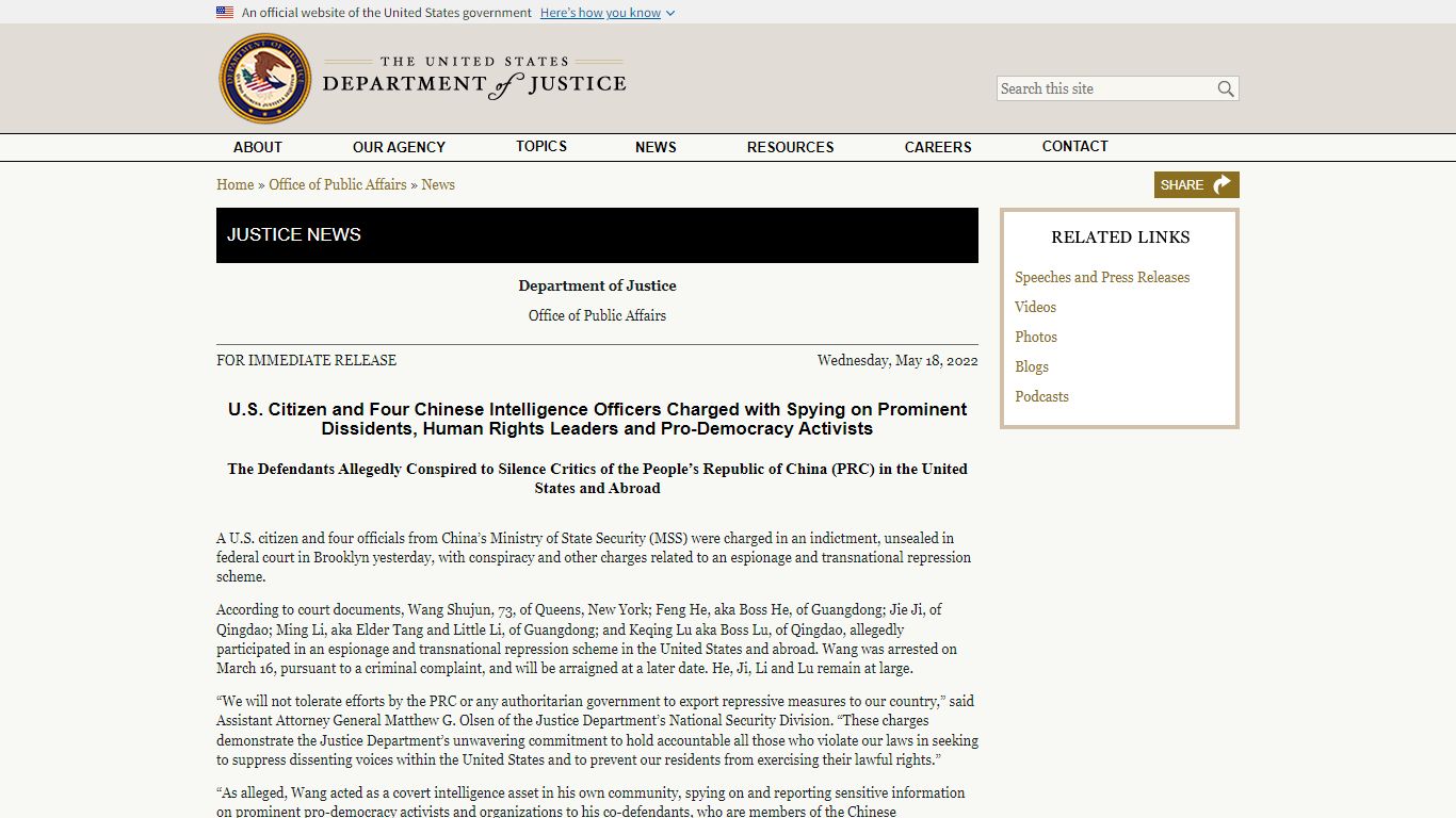 U.S. Citizen and Four Chinese Intelligence Officers Charged with Spying ...