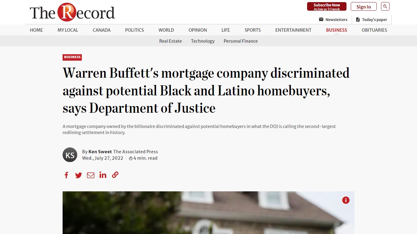 DOJ: Buffett company discriminated against Black homebuyers | TheRecord.com