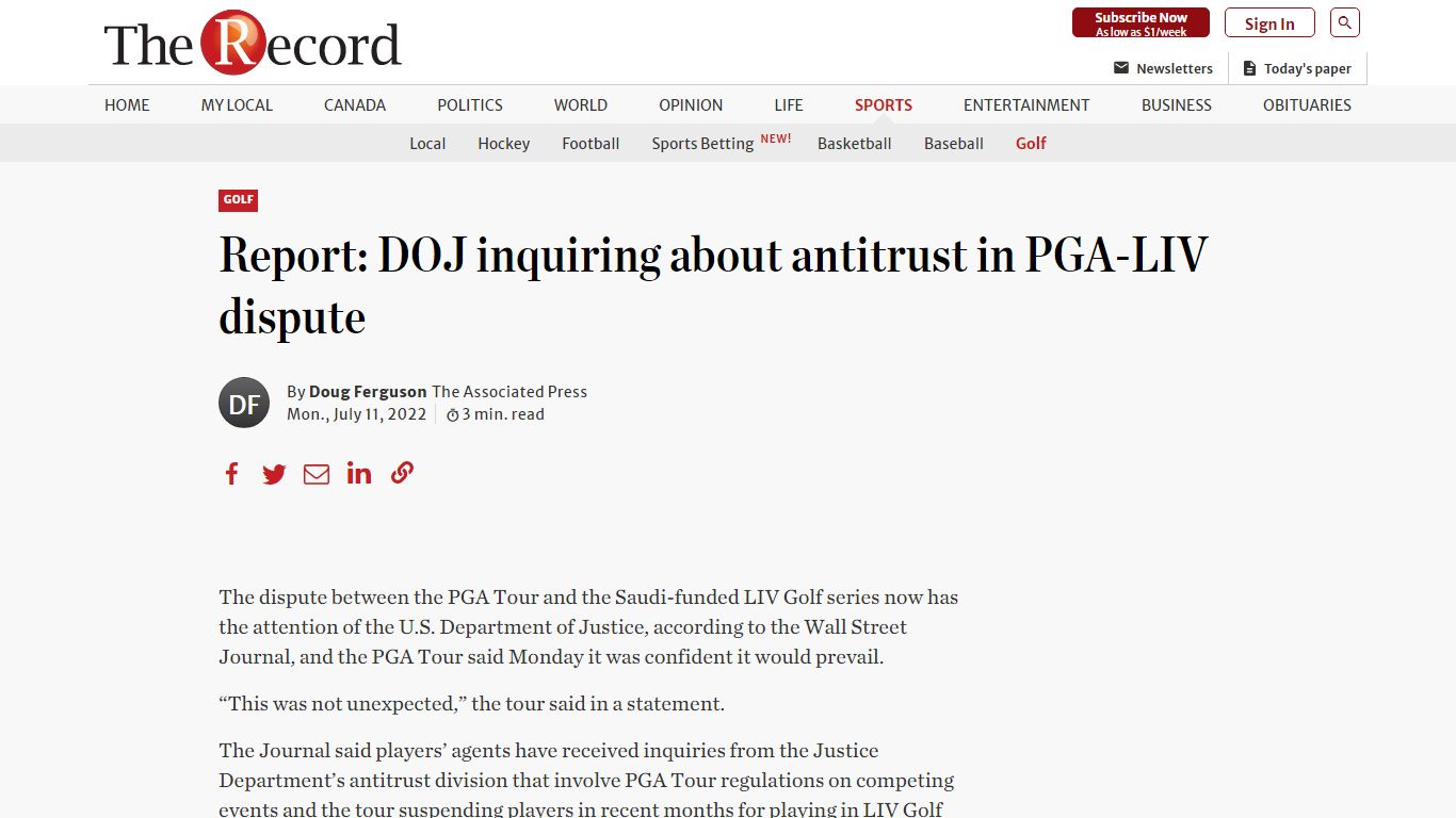 Report: DOJ inquiring about antitrust in PGA-LIV dispute